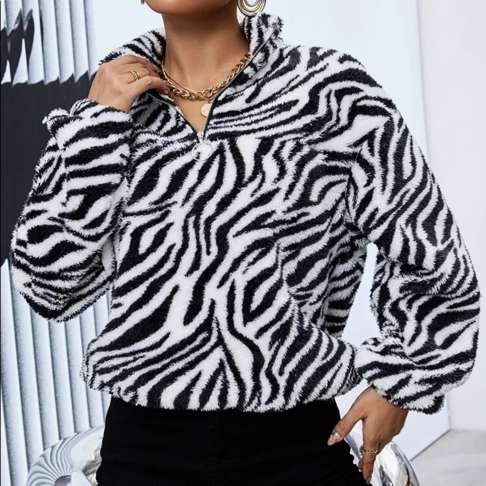 Fuzzy Zebra Print Quarter Zip - Picture 4 of 4